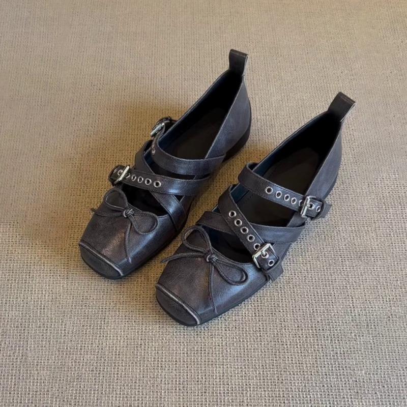 Leather Version~ Square Head Bow Sports Ballet Shoes Cross Buckle Belt Shallow Mouth Retro Mary Jane Shoes Women's Single Shoes