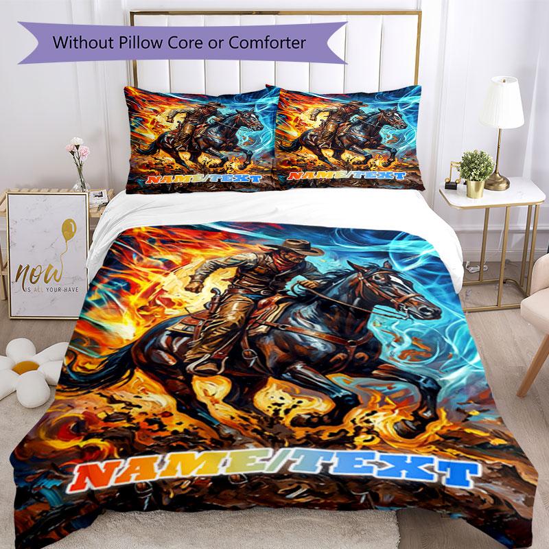 3PC Custom Name Rider Fire Horse Bedding Set Printed  Bedding Set Duvet Cover Closure Includes 1 Duvet Cover & 31 Pillowcases for Bedroom