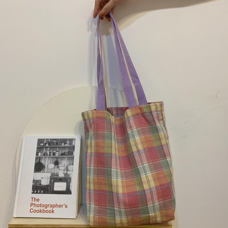 

6 canvas bag new fresh plaid shoulder bag tote bag student class bag large capacity shoulder