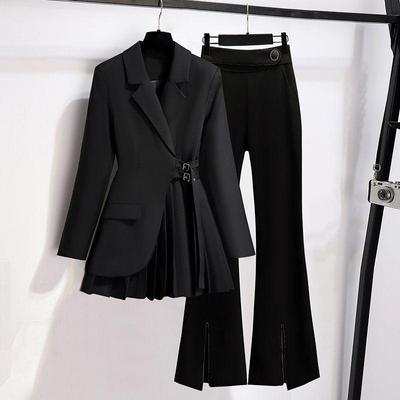 Women's Casual Blazer Set Korean Elegant Chic Spring Autumn   Fashion Professional Suit Coat+Split Black Pants Two-piece Set