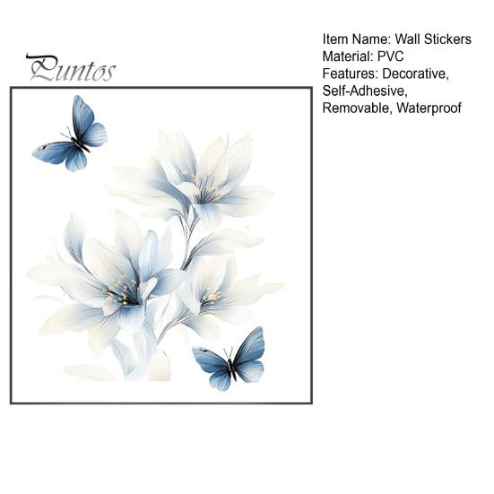 Botanical Wall Accents for Modern Interior Ink-Washed Blue Floral Stickers with Butterflies, Delicate Lily Peel And Stick Decals Living Room