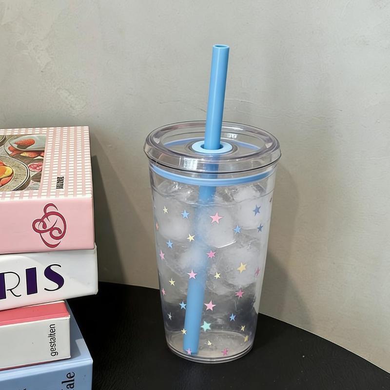 Tazza di Plastica da 450ml con Cannuccia Tè Caffè Latte Cannucce Semplici Dolce Carina Tazza a Stella Regali per Amici