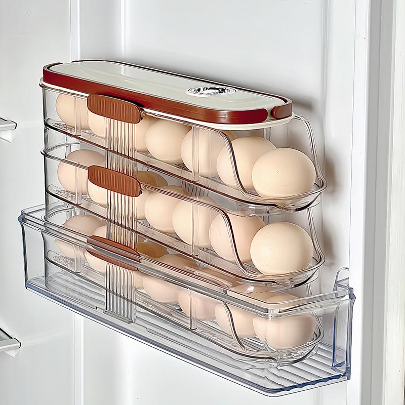 Timed Egg Rack: Portable Multi-Layer Slide-Type Storage for Refrigerator.