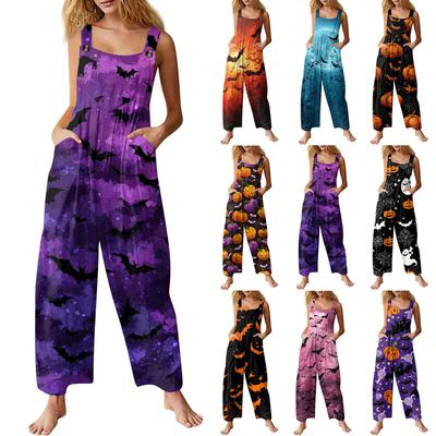 Women's Fashion Halloween Print Casual Vintage Sleeveless Button Jumpsuit