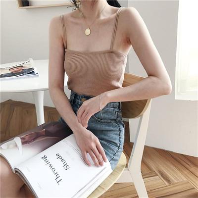 Damen Sommer Einfaches Bottoming Shirt Top Gestricktes Camisole Doppel-Schultergurte Kurzes schlankes Inneres Einfarbig