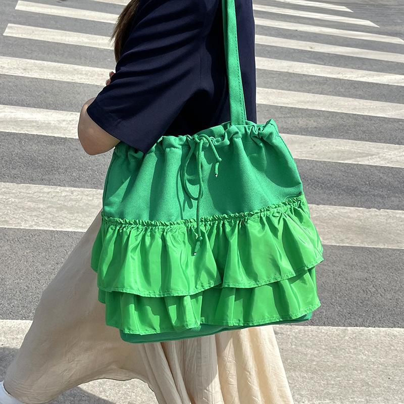 Cute Little Fragrant Wind Pleated Lace Large Capacity Women's Shopping Bag Commuter Bag Literary and Leisure Women's Shoulder Armpit Bag