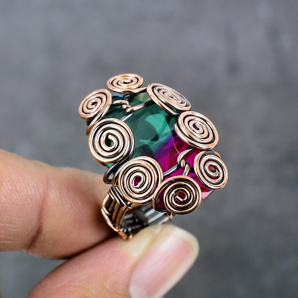 Bi-Color Tourmaline Handmade Copper Wire Wrap Jewelry Ring Size 8.5 F9Z04