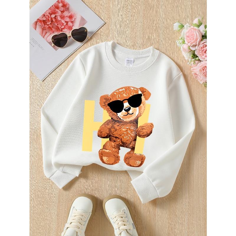 Girls' Crewneck Sweatshirt Cool Bear with Fashion Glasses And Letter H Machine Washable, Spring And Autumn