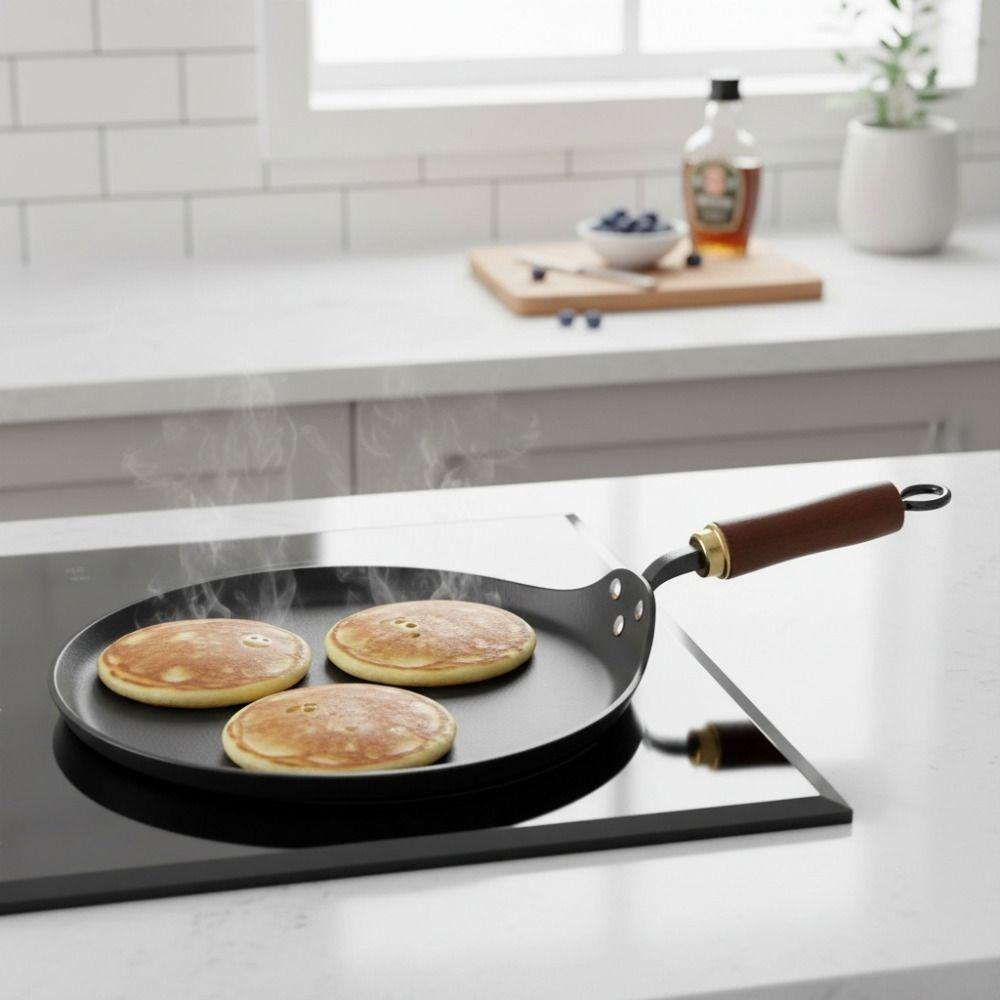 Durable Uncoated Cast Iron Frying Pan Wood Handle Universal Non-stick Pan Thickened Crepe Maker Stove Top