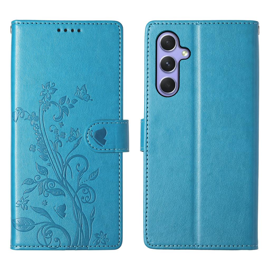 For Samsung Galaxy A16 5G/4G Wallet Case Butterfly Floral Imprint PU Leather Phone Cover with Wrist Strap