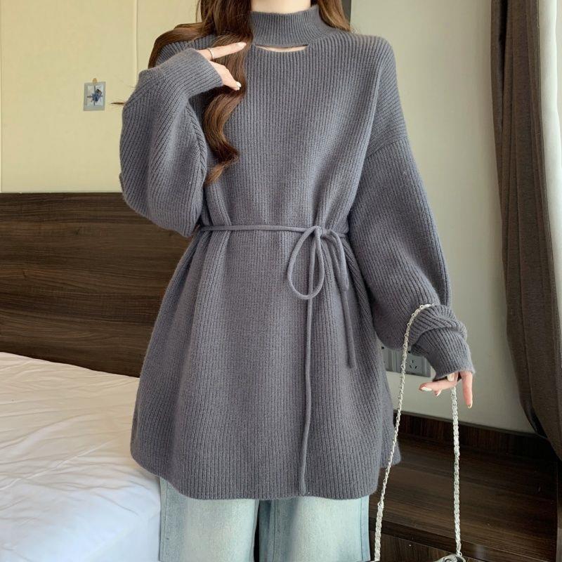 Plus Size Women's High Neck Knit Dress: Waist-Cinching Slimming Base Layer for Autumn/Winter