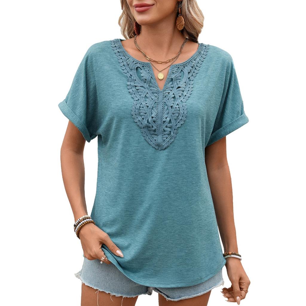 Spring Summer New Women's Solid Color V-Neck Lace Trim Loose Short Sleeve T-shirt Top For Cross-border Trade