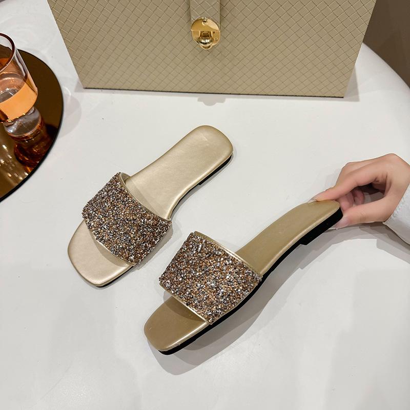 Large Size Sequined Slippers for Women To Wear New Summer European and American Fashion Rhinestone Flat Bottom Sandals for Women