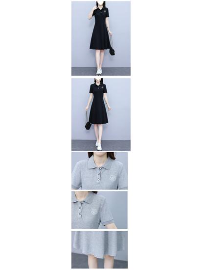 Women's Summer Embroidered Black Polo Collar A-Line Dress - Slimming & Fashionable Casual Sporty Style