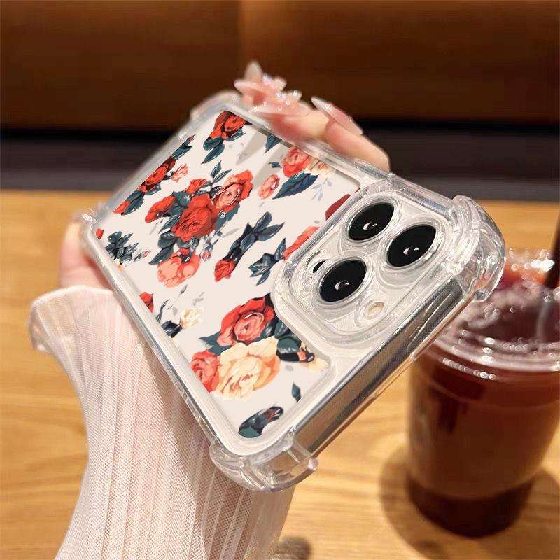 Dla iPhone 16E 16 Pro Max 15 14 Pro 13 12 11 Etui Obudowa Wzór Kwiatowy Przezroczysty Odporne na Wstrząsy Ochrona Obiektywu Miękki Silikon Cienkie Etui na Telefon