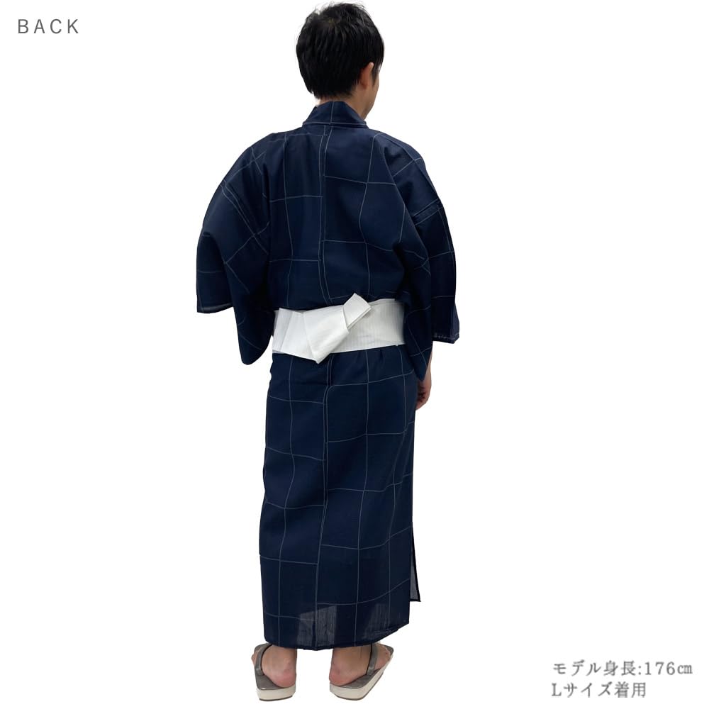 Conjunto Yukata para Hombre Kyoto Kimono Yuzen, Kimono de Algodón de 2 Piezas con Obi Cuadrado de Un Toque, Patrón de Cascada, Patrón Ajedrezado, Azul Marino (METRO)