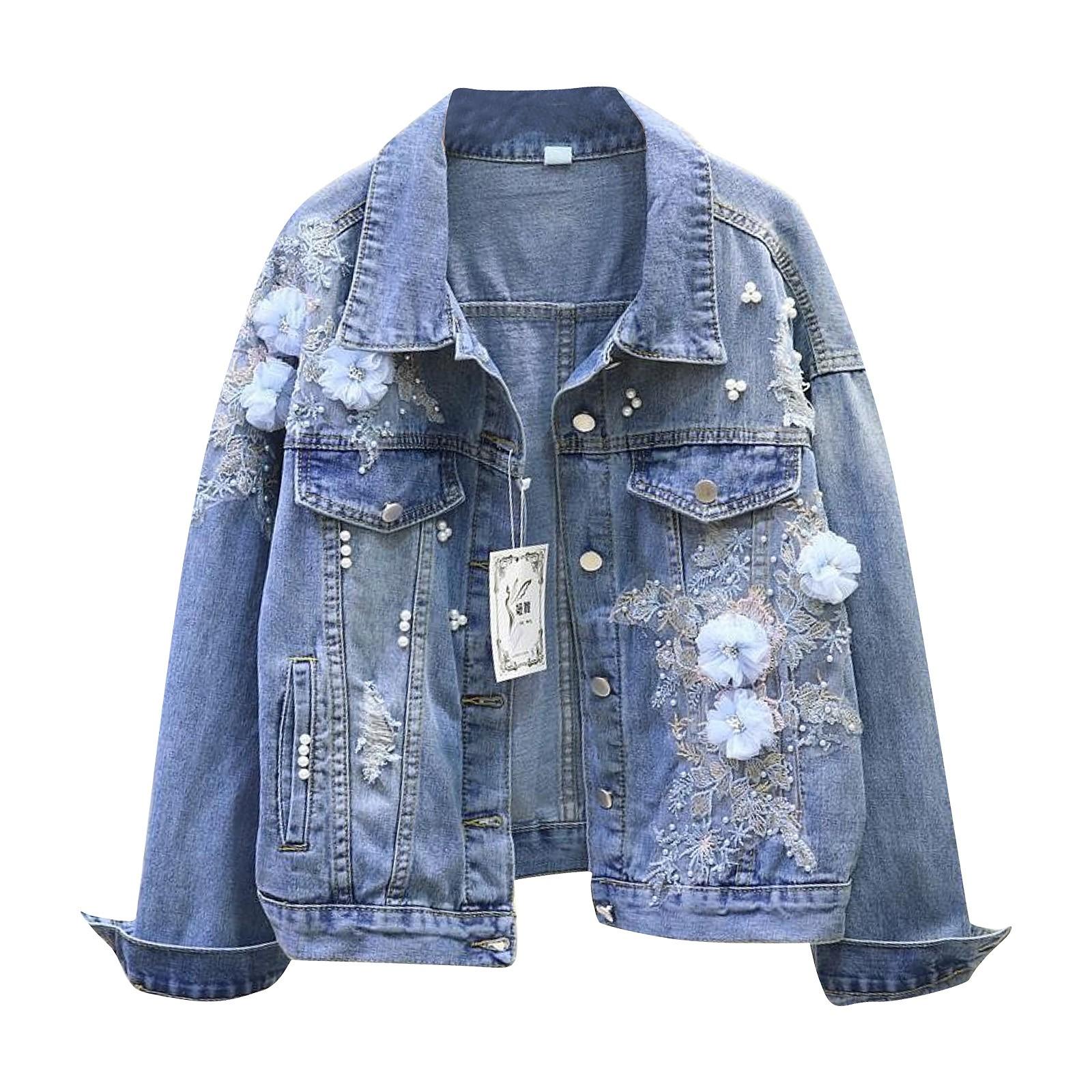

Джинсовая короткая куртка для женщин, свободная куртка с вышитыми объемными цветами и отверстиями L синий