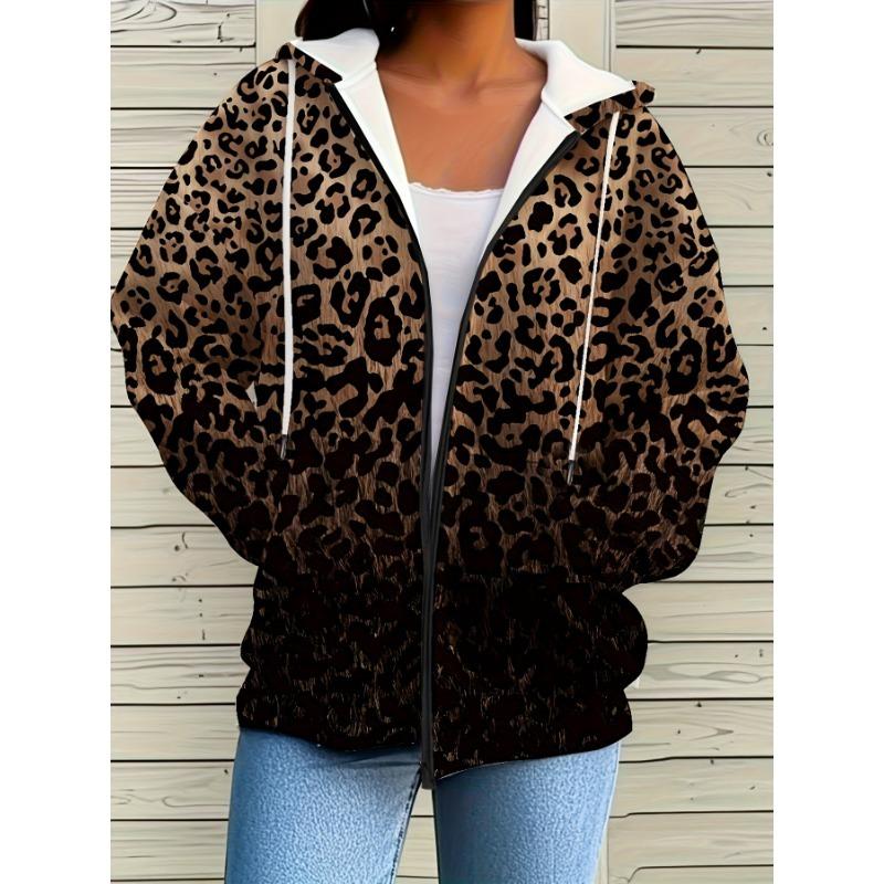 Felpa giacca con cappuccio e cerniera tasca stampa leopardo sfumata elegante taglia grande da donna
