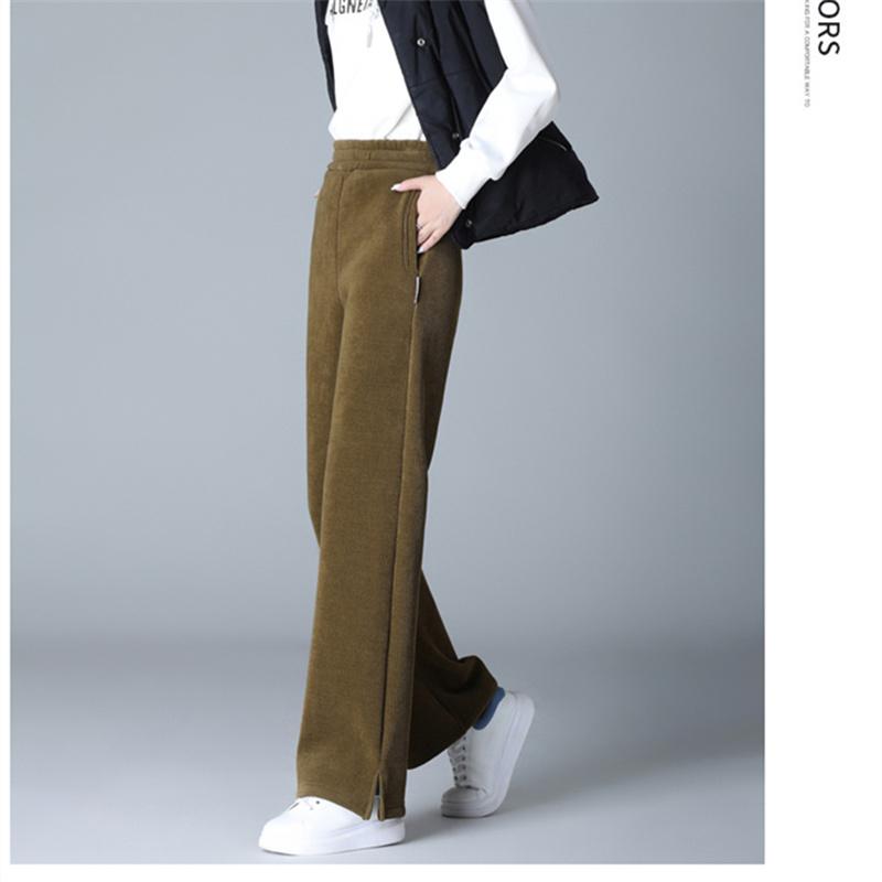 Herbst Winter Frauen Verdickung Warme Elastische Hohe Taille Solide Vintage Lose Beiläufige Mode Weibliche Gerade Hosen Woolen Hosen