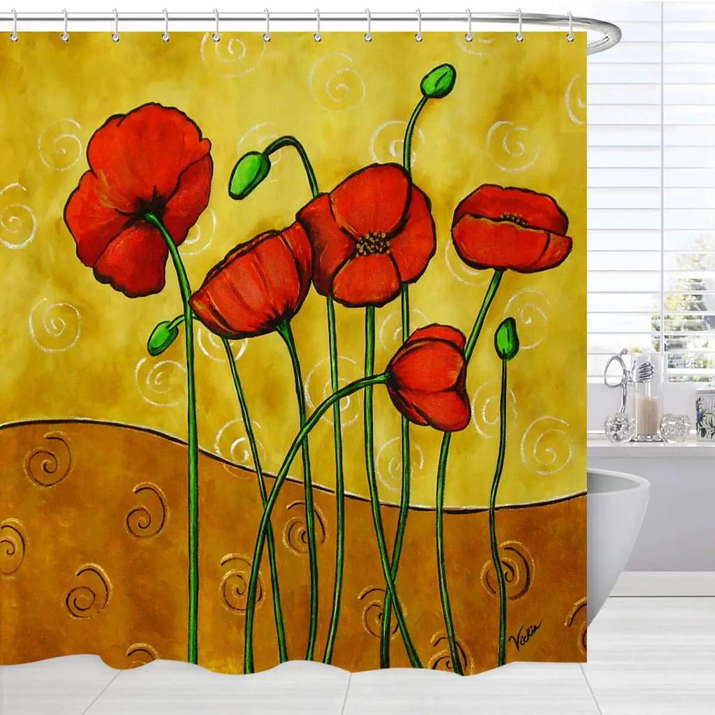 Red Poppy Flower Shower Curtain with Hooks, Washable Fabric, Bathroom Curtains, Floral