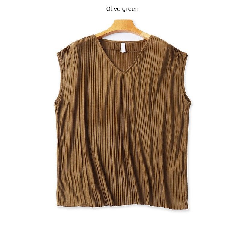 

Foreign Trade Japan fashion Summer Women Sleeveless T-shirt V-neck Pleat Loose Slimming Western Style All-Match Casual Age-Reducing Top Olive green XXL