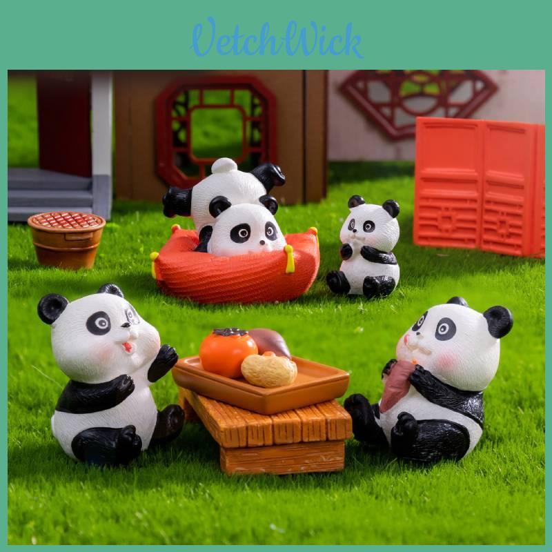 Adorable Resin Panda Figurines Miniature Tea Set For Creative Terrarium Decor