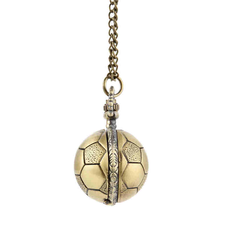 Retro Creative Soccer Ball Shape Design Bronze Round Quartz Pocket Watch with Chain Necklace