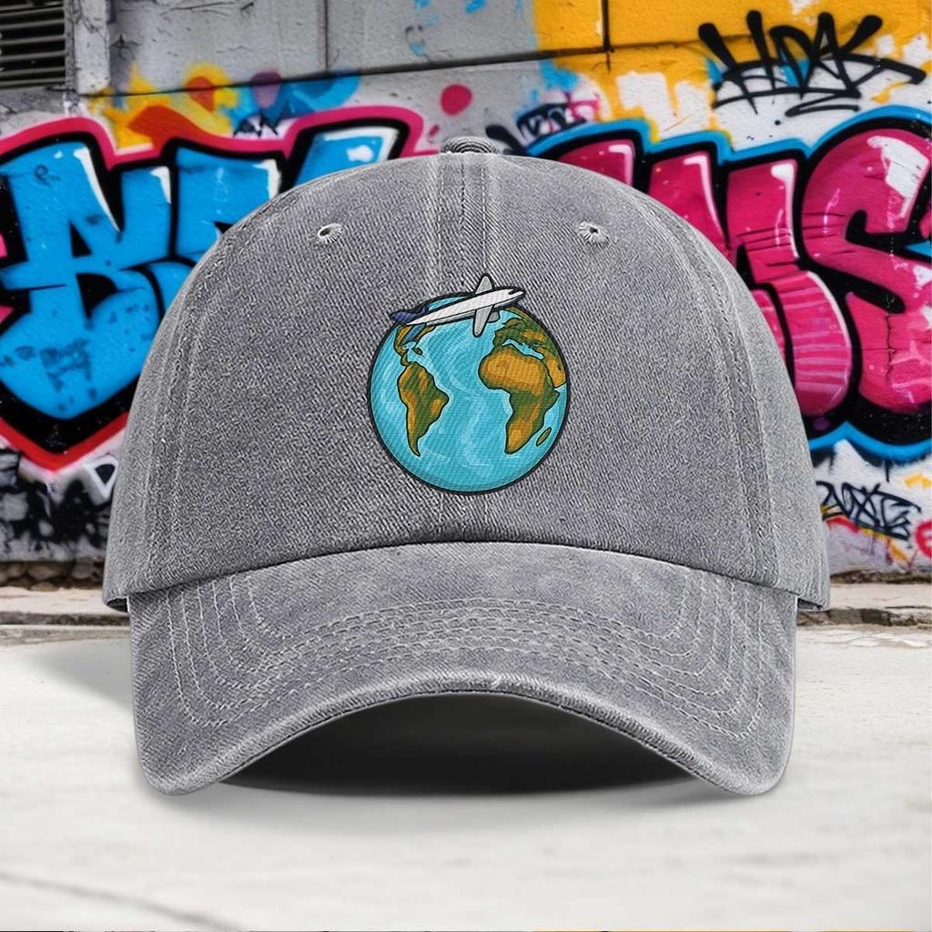 Flugzeug Erde Reise Baseballkappe Gewaschene Baumwolle Outdoor-Abenteuer Verstellbare Unisex-Kappe