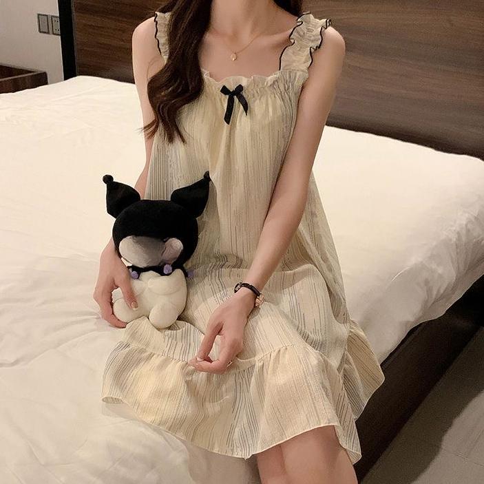 Schlafrock, weiblich, Sommer, süß, süß, Sling-Pyjama, mittellang, Nachtwäsche, Kleid, Homewear, ärmellose Pyjama-Sets für Frauen