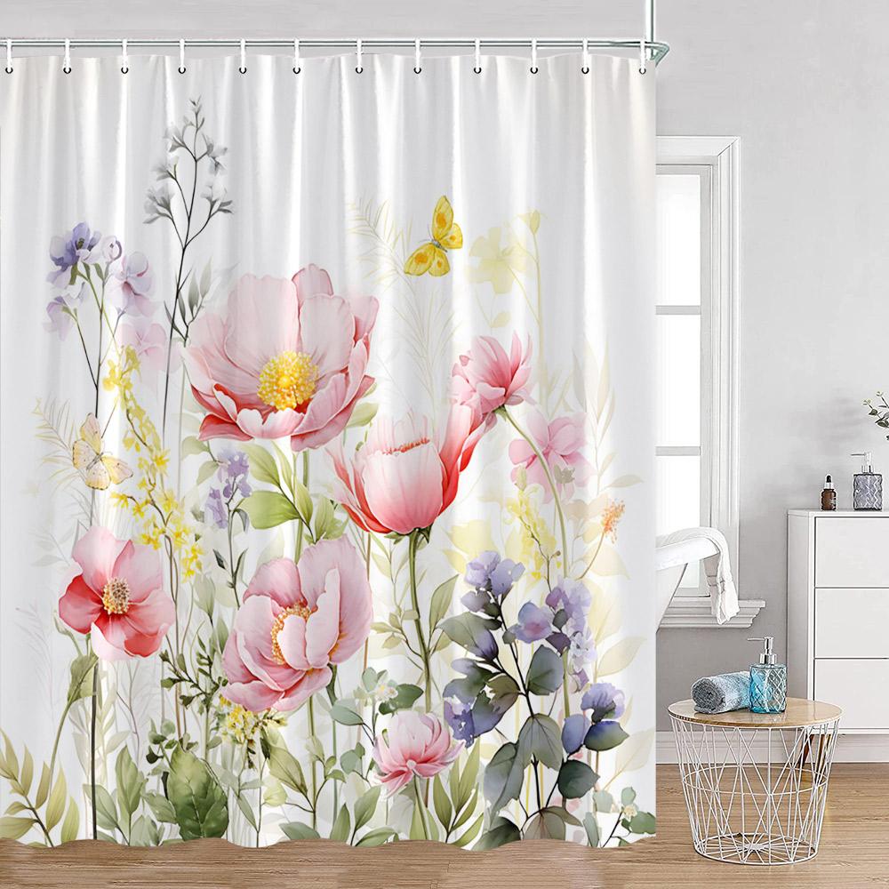 Watercolor Flowers Shower Curtains Colorful Flower Green Plants Botanical Bathroom Decorations Modern Aesthetic Bath Curtains