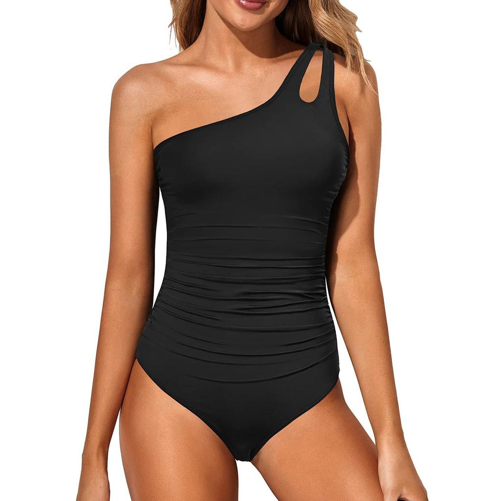 Women’s Modest One-Piece Swimsuit, One Shoulder Bikini Swimwear, Monokini Bathing Suit for Hot Spring