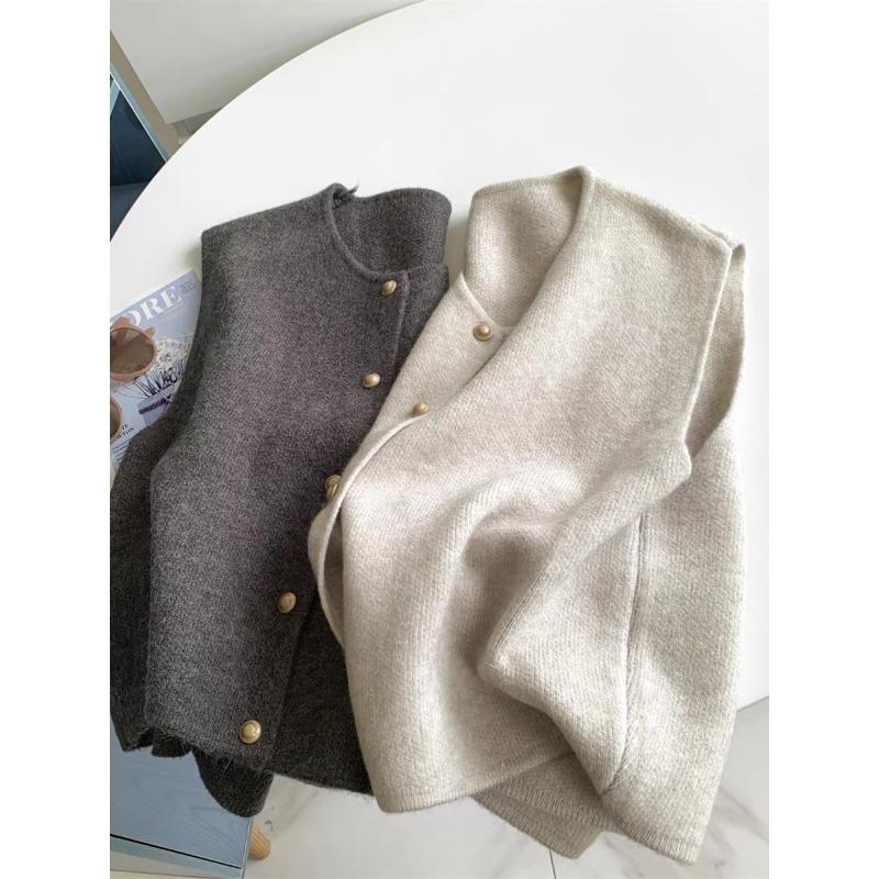 Elegant O Neck Sleeveless Women Sweater Tops Casual Loose Single-breasted Round Neck Knitted Vest Solid Color Simple Cardigan Sweaters Clothes 2556