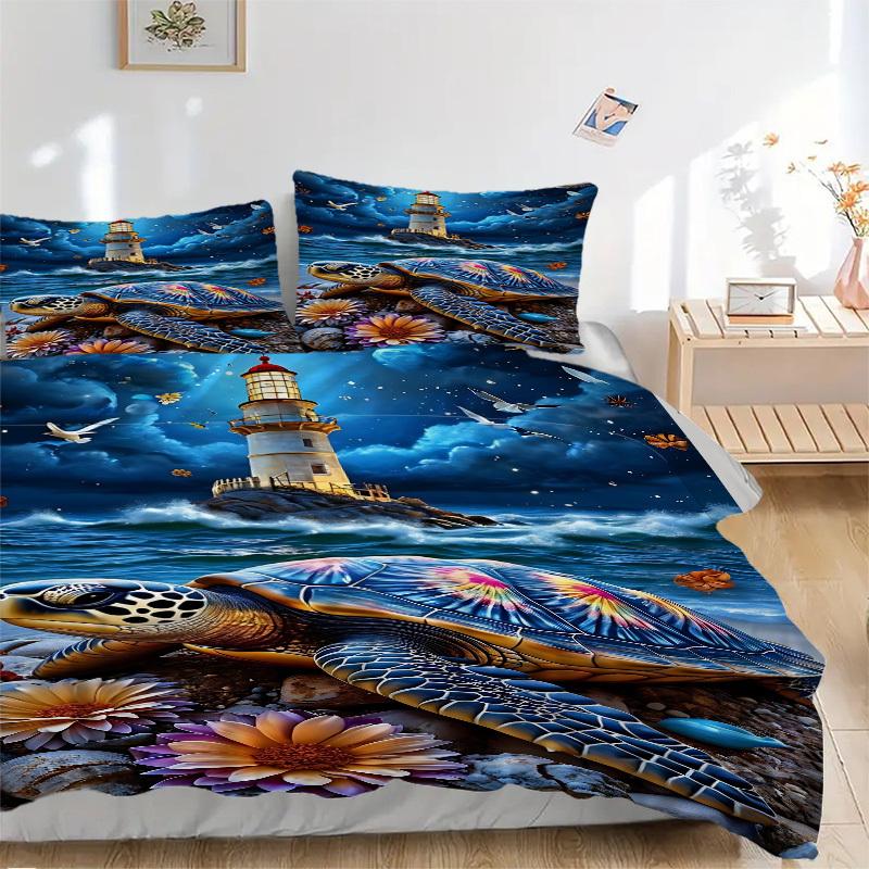 

3pcs Lighthouse, Sea Turtle Duvet Cover Set, Cover For Bedroom Guest Room (1 Duvet Cover + 2 Pillowcase, Without Quilt), yy250922101 135x200cm