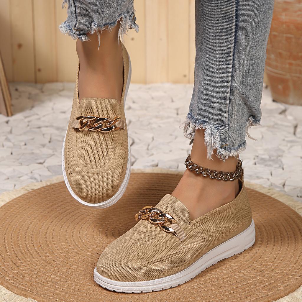Metal Chain Decor Flats Shoes for Women 2025 Plus Size 43 Mesh Breathable Loafers Shoes Woman Non-Slip Casual Vulcanized Shoes