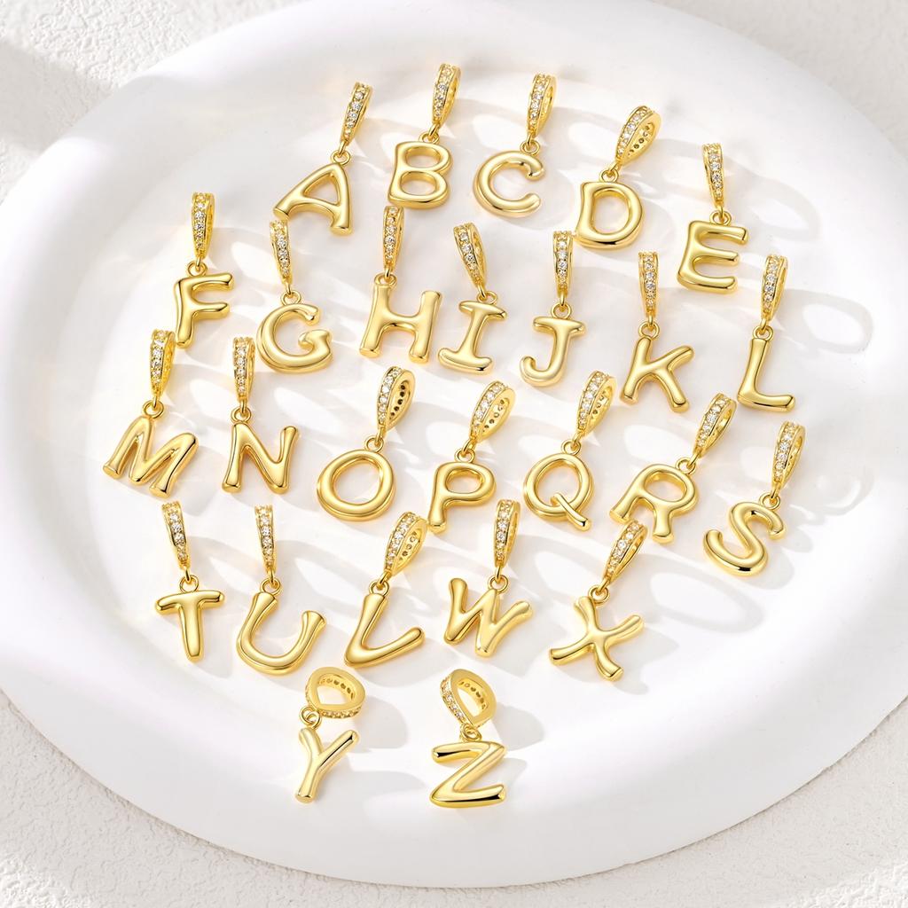 Original 925 Silver Charms Beads Sparkling Gold 26 Letters A-Z Alphabet Zircon Pendent for Women Man DIY Jewelry Making