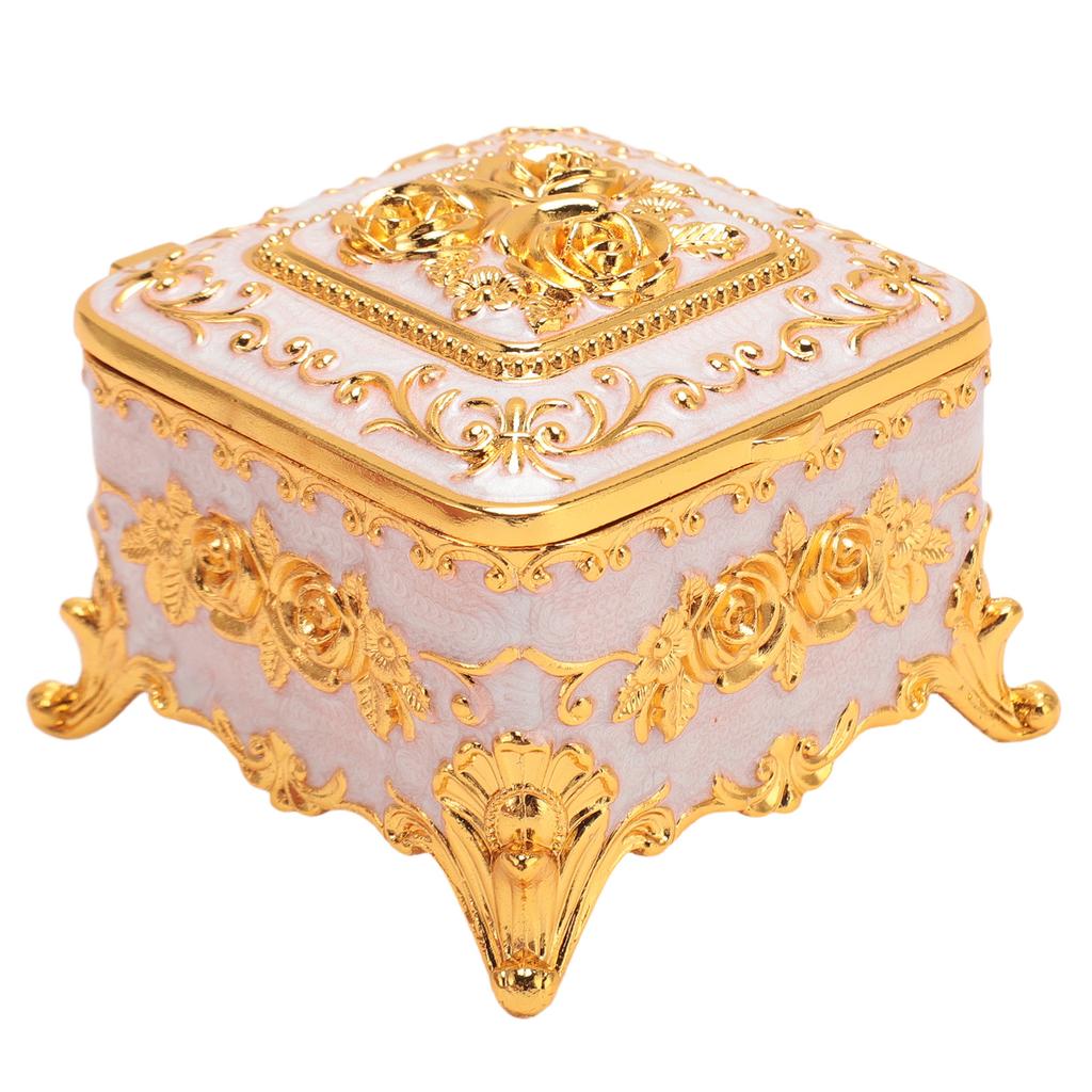 European Style Vintage Metal Jewelry Box Square Decorative Trinket Jewelry Storage Box for Earrings Necklaces White