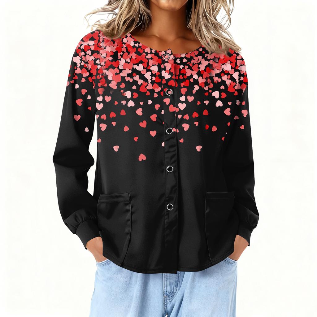 Women Long Sleeve Printed Pocket Working Stand Collar Single-breasted Protective Overalls Cardigan Jacket Top