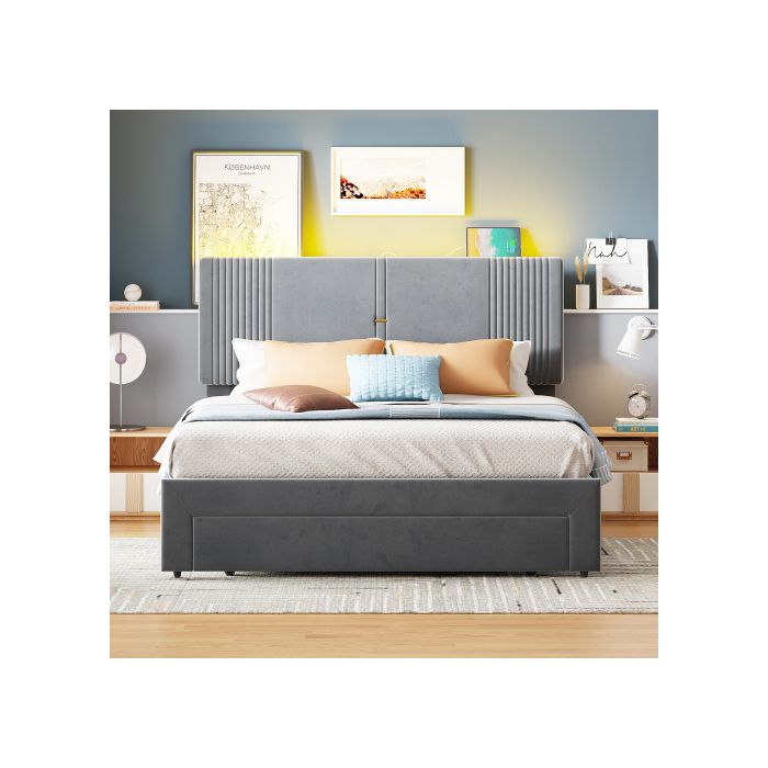 Doppelbett - MUVOE - 140 x 200 cm - Mit Samt bezogen - Mit Schublade und USB - Grau
