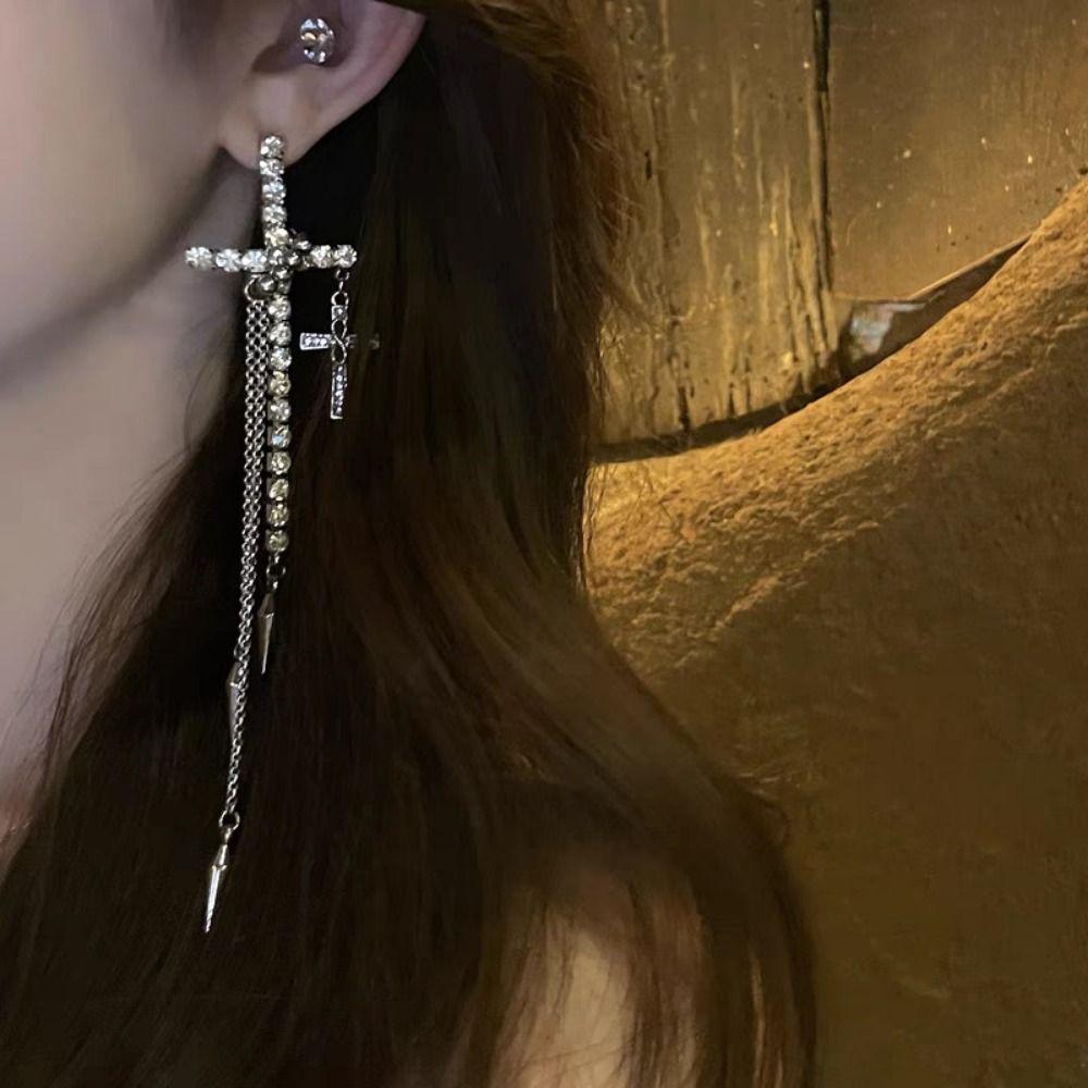 Inlaid Rhinestones Long Tassels Dangle Earrings Fashion Ear Stud Personality Cross Earrings  Women