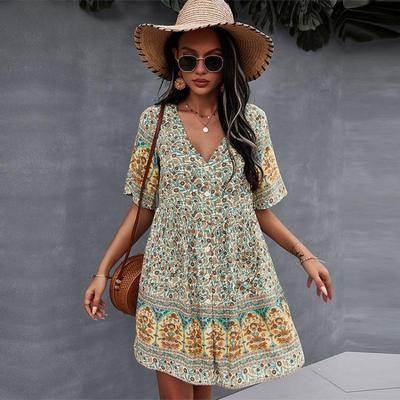 Sexy Bohème Femmes Décontracté Manches Courtes Col V Imprimé Robe Courte Printemps Été Beige Vert Bleu Marine S M L XL
