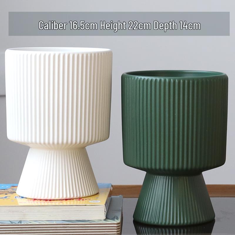 Nordic Ceramic Flower Pot with Tray - High-Footed Vertical Stripes for Indoor/ Balcony, Ideal for Pothos and Orchids.