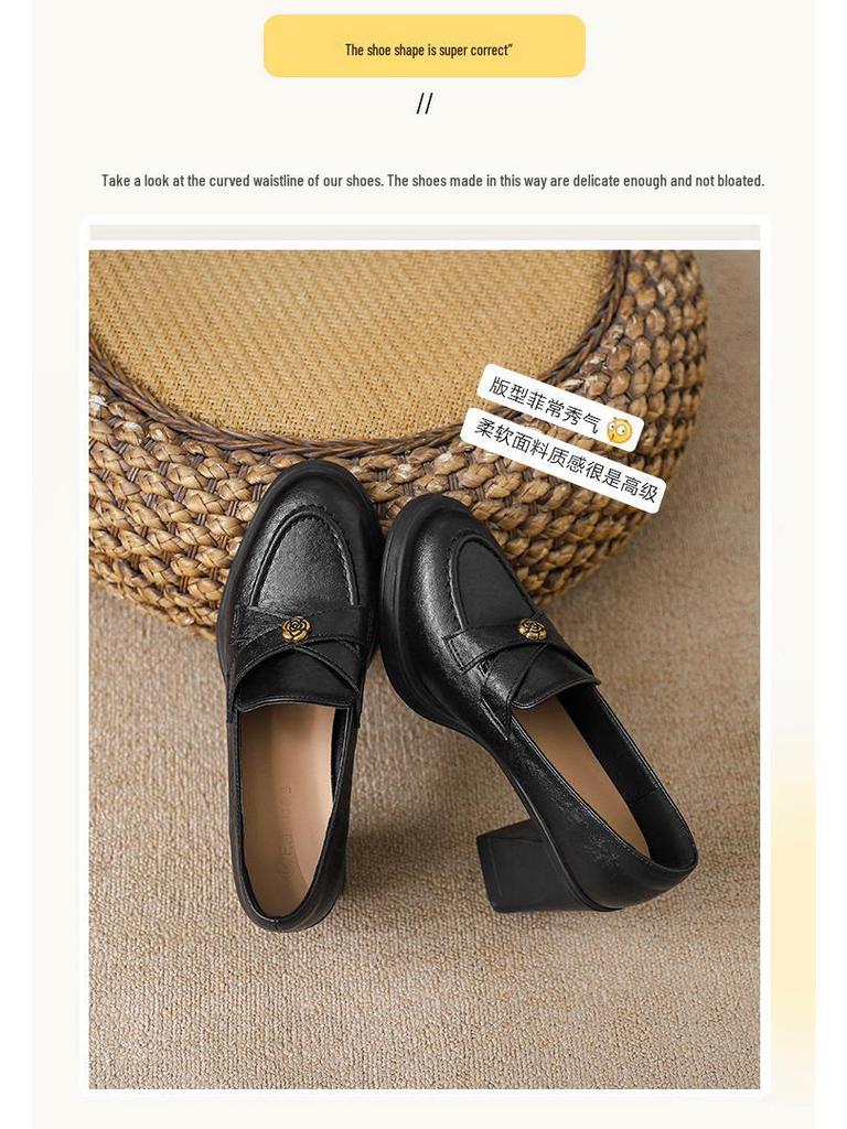 Sheepskin 7.5cm Heel Retro Camellia Loafers: Chunky Heel Black Leather Slip-On Shoes