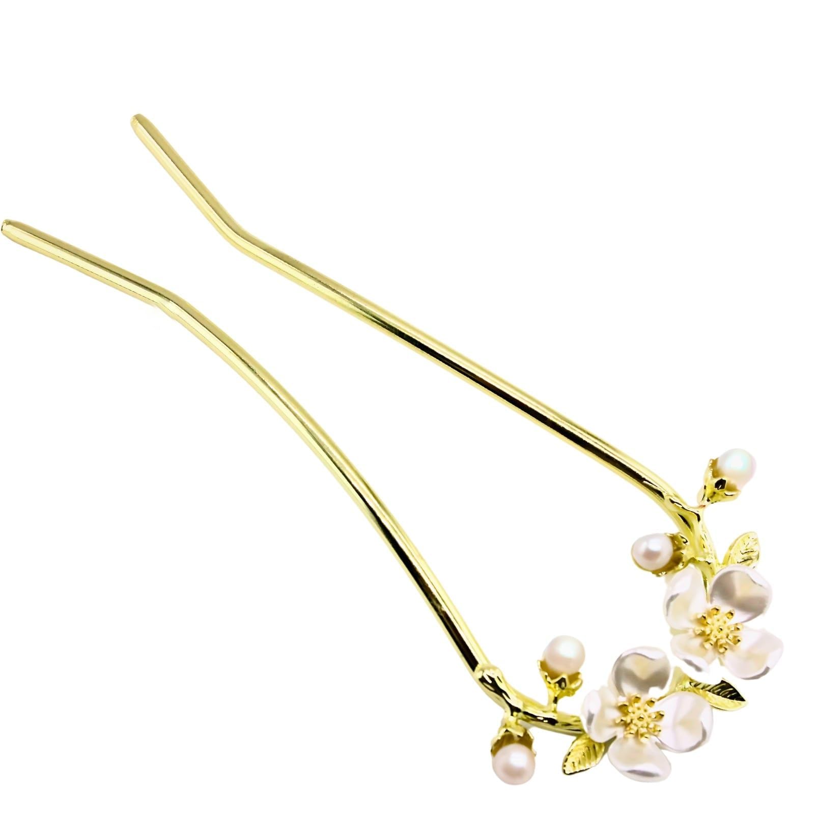 [Miaomyao] Kanzashi U-shaped Hair Ornament for Japanese Clothing, Yukata, Kimono, Pearl, White Plum Blossom, Gold, Antique Hair Accessory