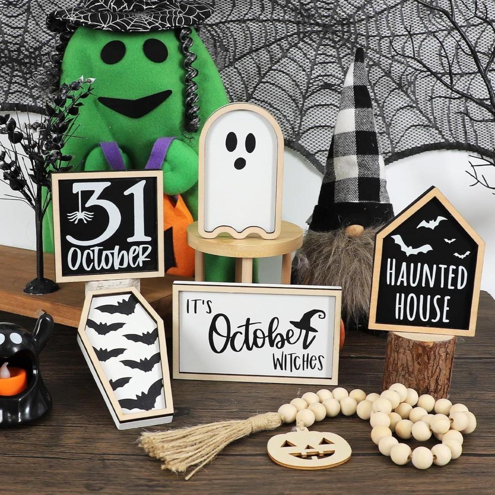 6pcs Eco-friendly Halloween Tiered Tray Decor Set Wooden Desktop Ornaments  Haunted House