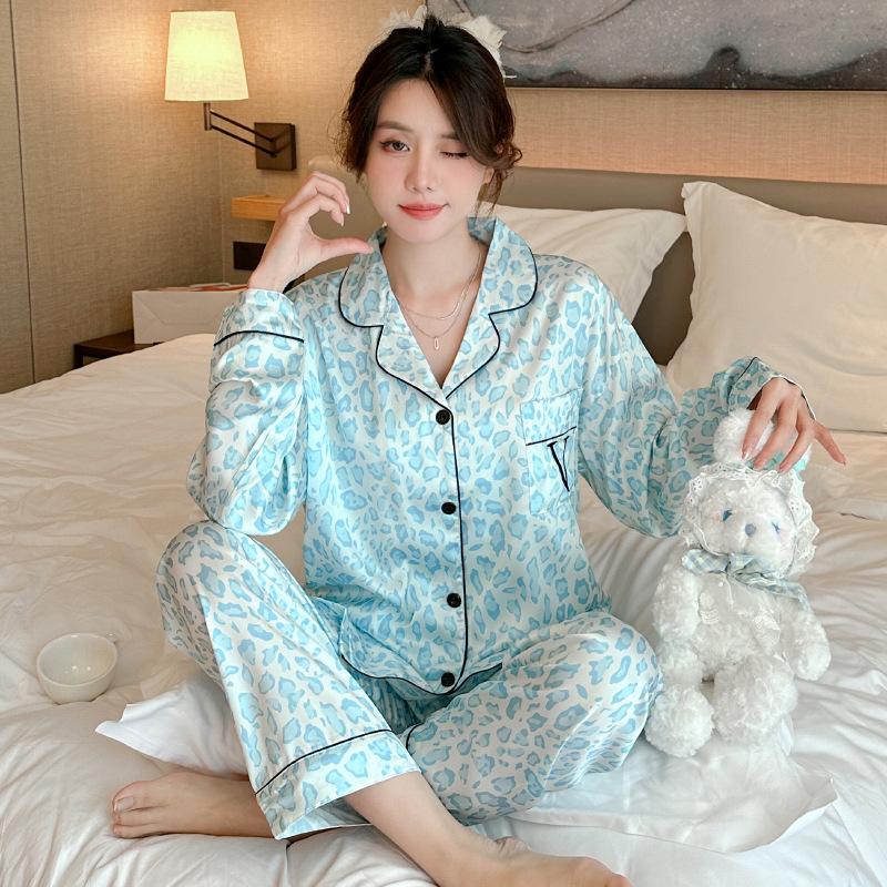 Popular Ice Silk Leopard Print Pajamas Women'S Summer Thin Long-Sleeved Trousers Letter-Embroidered Loungewear