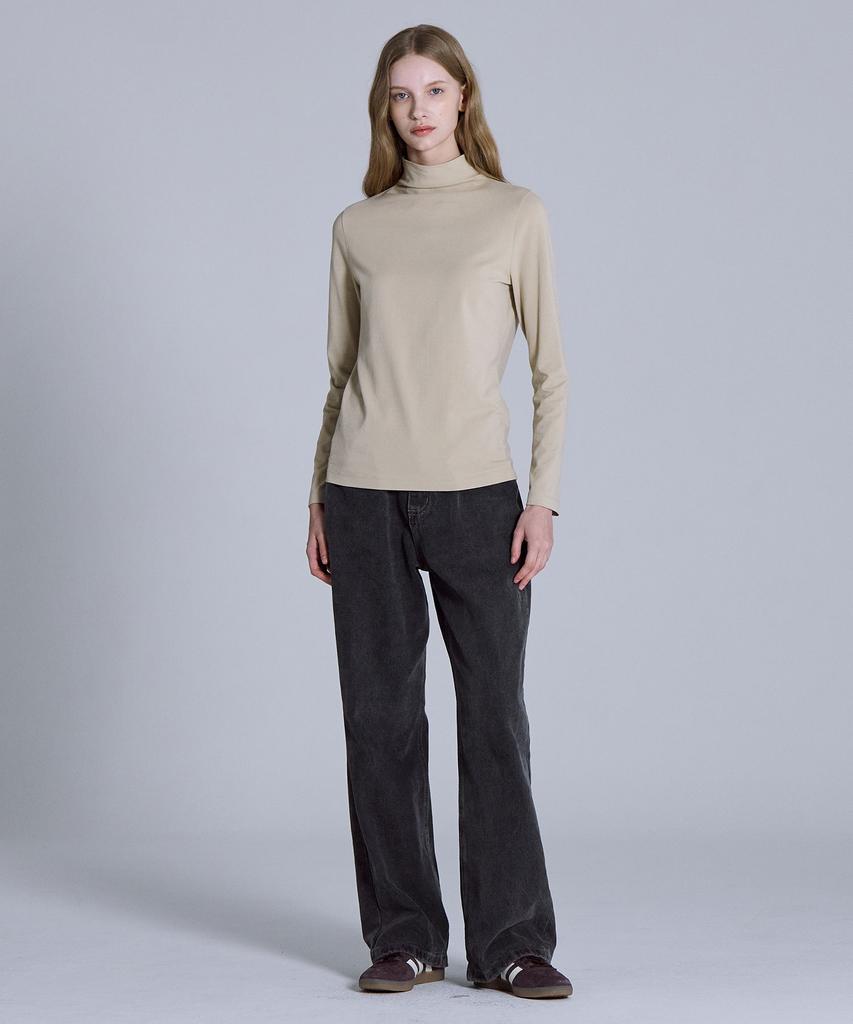 BASIC HOUSE Women'S High-Neck Stretch Long-Sleeve T-Shirt Beige Lats0219