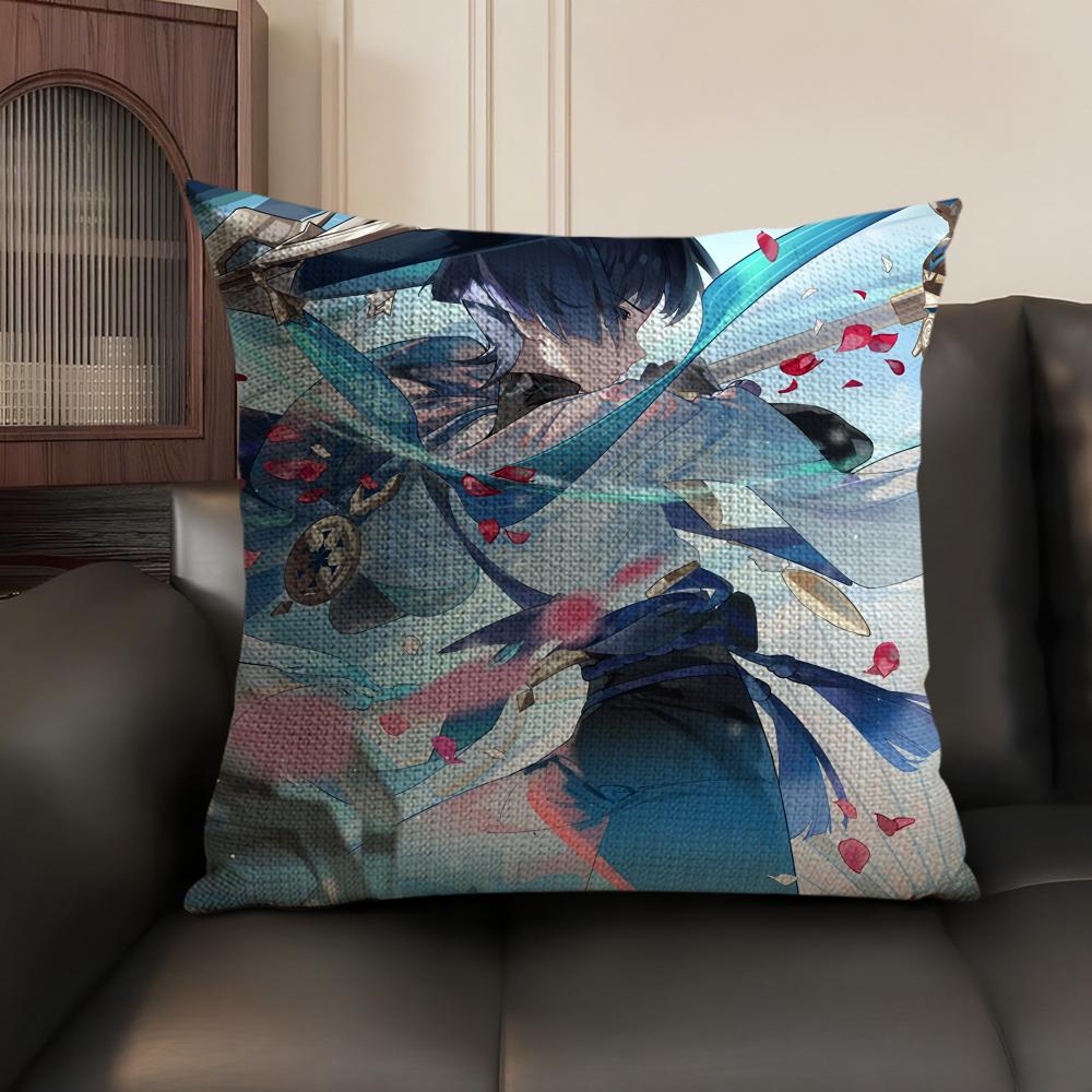 Scaramouche Genshin Impact Cushion Cover Natural Linen Organic Fabric Double-Sided Printing Sofa Home Decor Gift Pillow Case