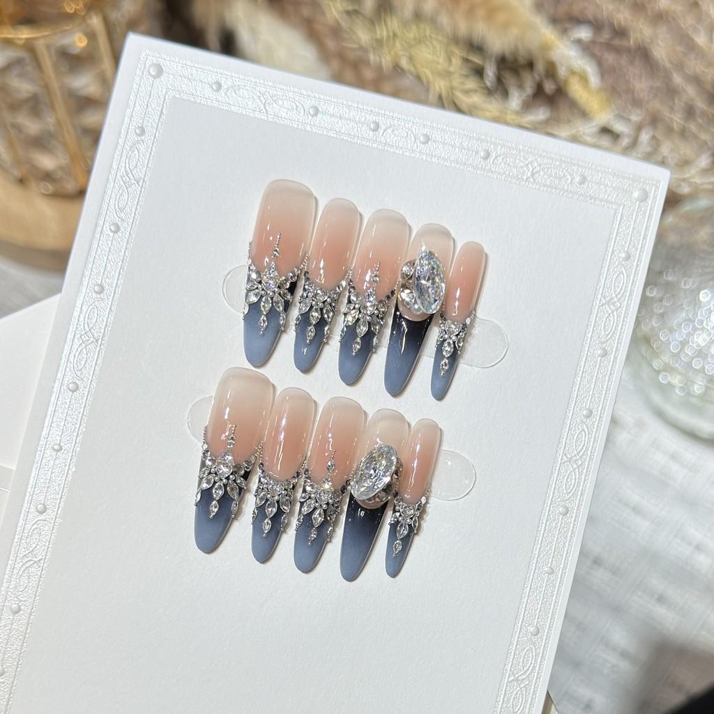 Handmade Press On Nail French High-end Blue Sparkling 3D Diamond Light Luxury Long Stiletto Fake Nail Patch Artificial Nail Reusable