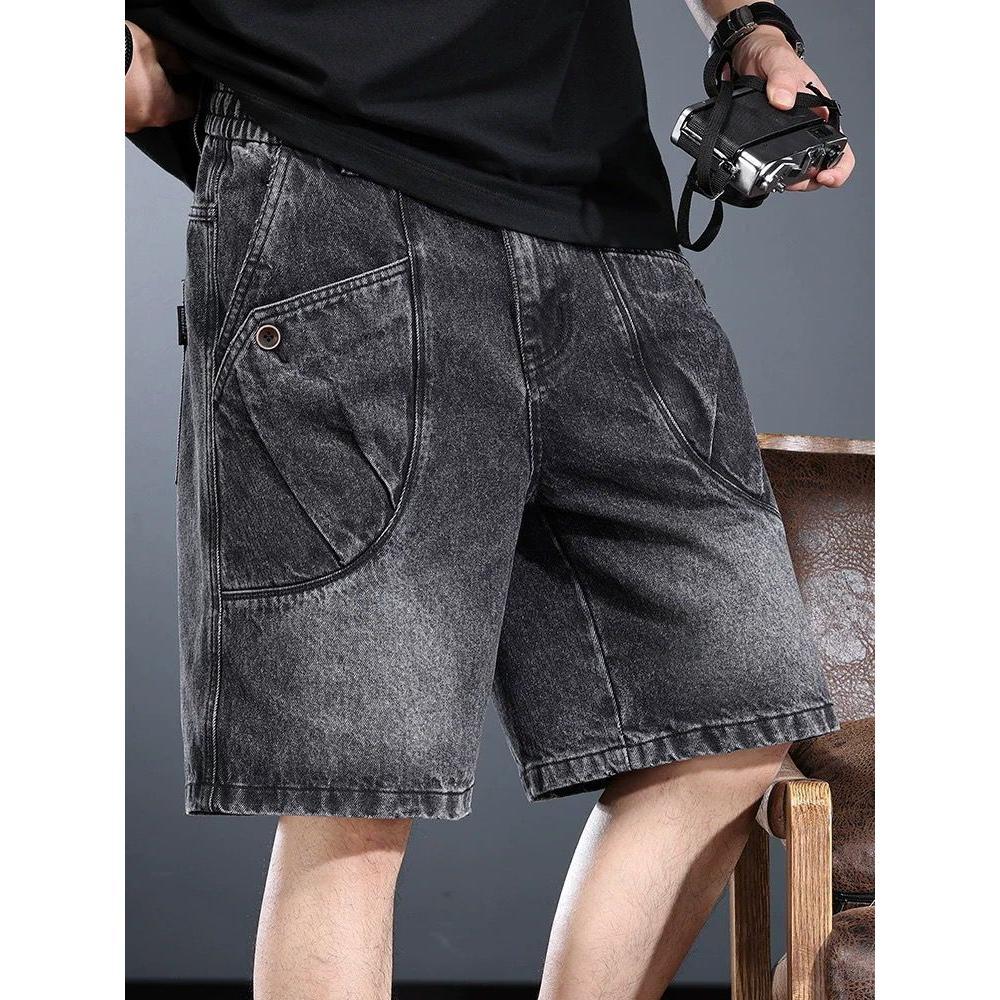 High-end Denim Shorts Men's Summer Washed Old American Retro Five-point Pants Loose Trend Tooling Middle Black Cargo Pants