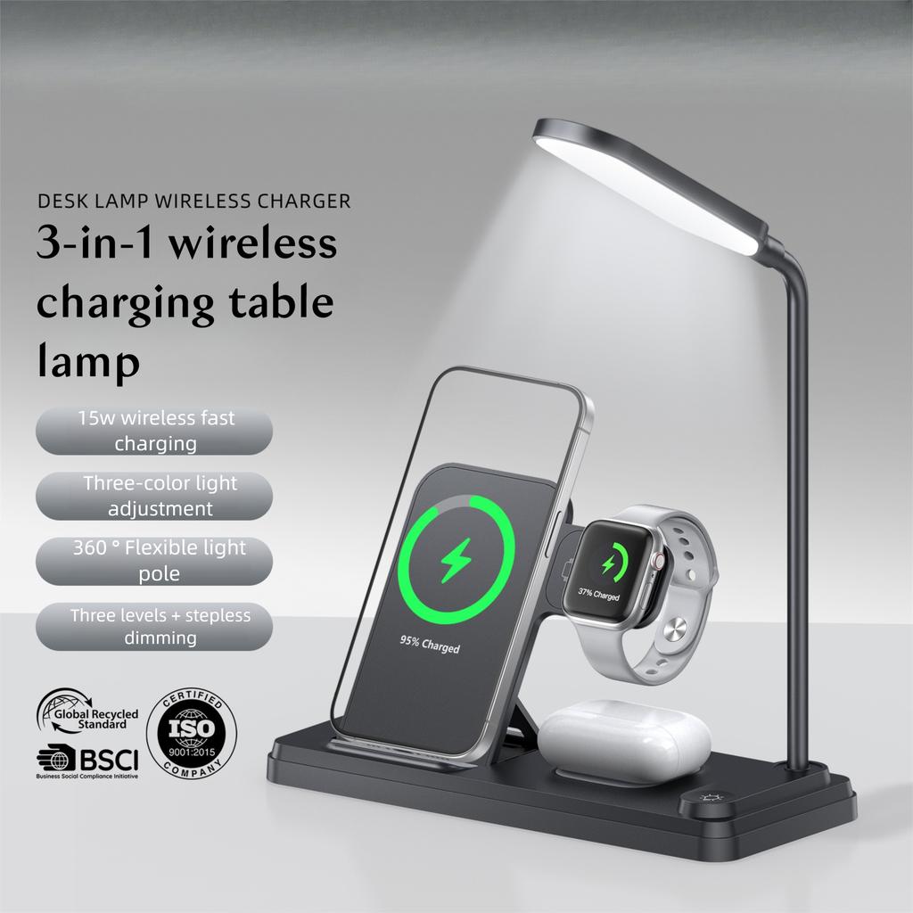 Stolní lampa s magnetickou bezdrátovou nabíječkou, 3v1 skládací světlo a rychlonabíjecí stanice pro telefon, hodinky, sluchátka